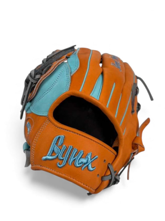 Orange/Sky Blue Japanese Kip Leather Laced H-Web Handcrafted Glove - 13.5”