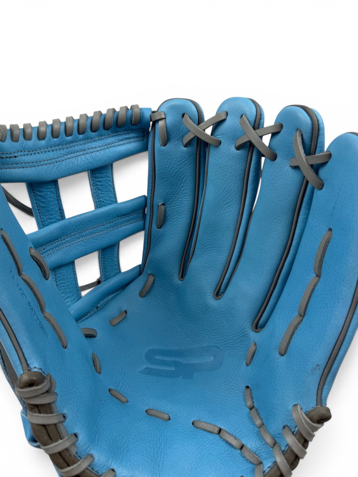 Baby Blue/Gray Cowhide Leather Laced H-Web Handcrafted Glove - 13.5"