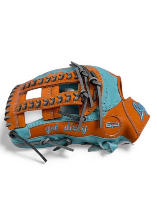 Orange/Sky Blue Japanese Kip Leather Laced H-Web Handcrafted Glove - 13.5”