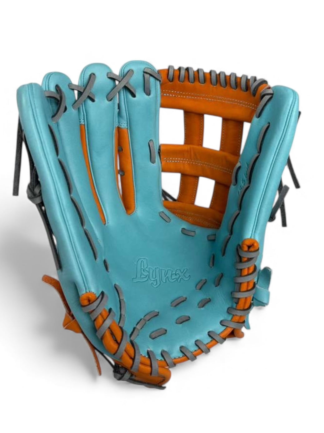 Orange/Sky Blue Japanese Kip Leather Laced H-Web Handcrafted Glove - 13.5”