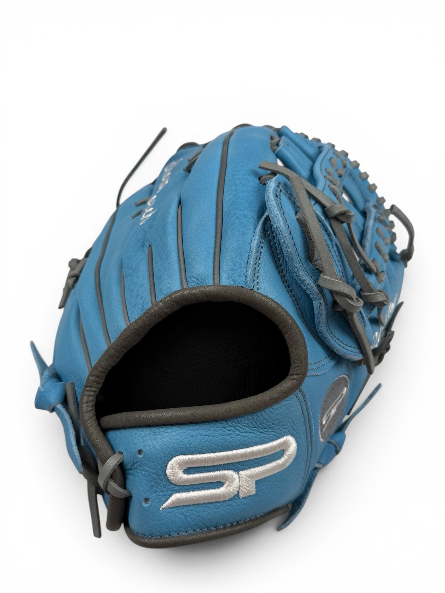 Baby Blue/Gray Cowhide Leather Laced H-Web Handcrafted Glove - 13.5"