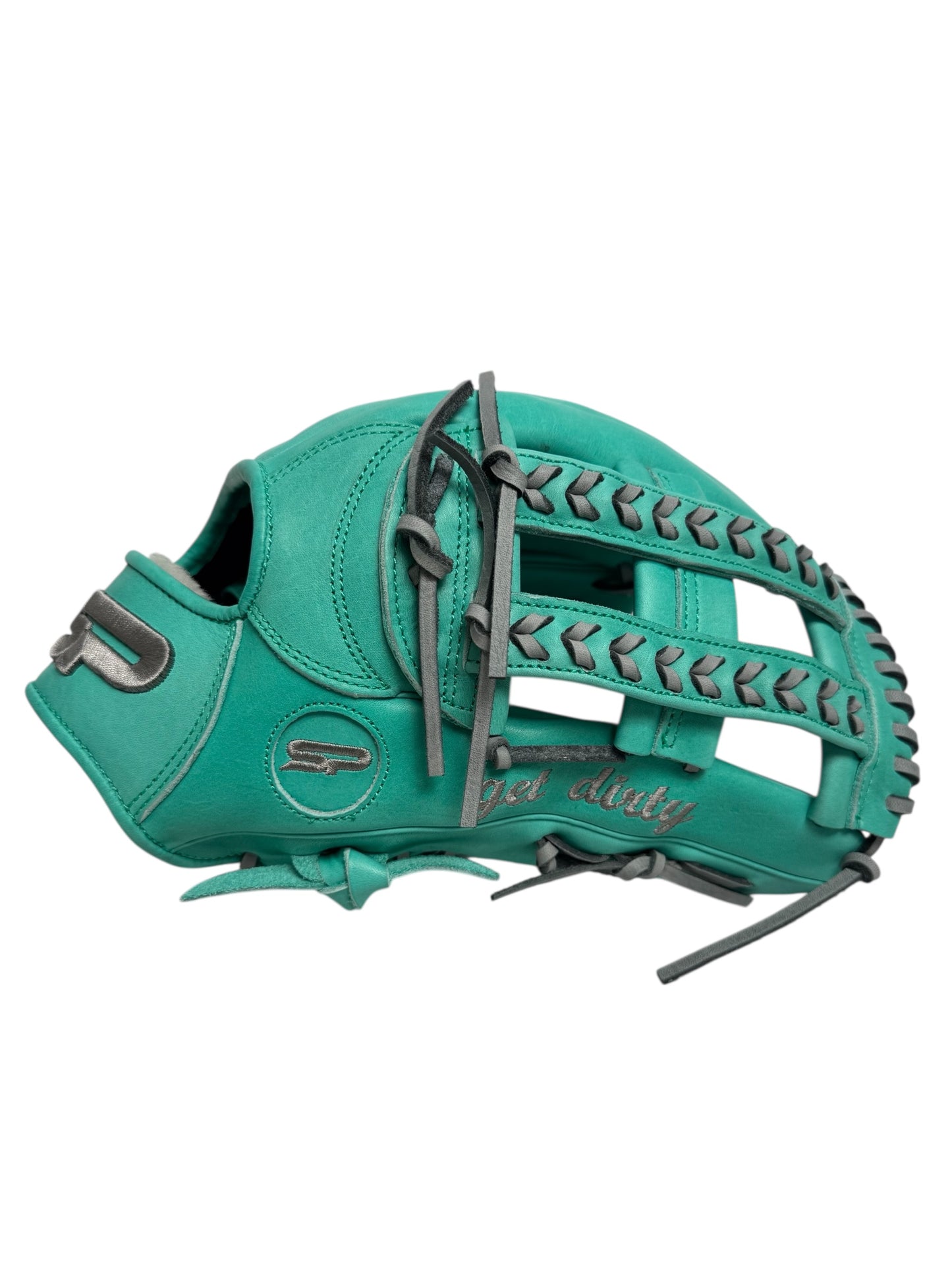 Mint/Grey Kip Leather Laced H-Web Handcrafted Glove - 13.5”