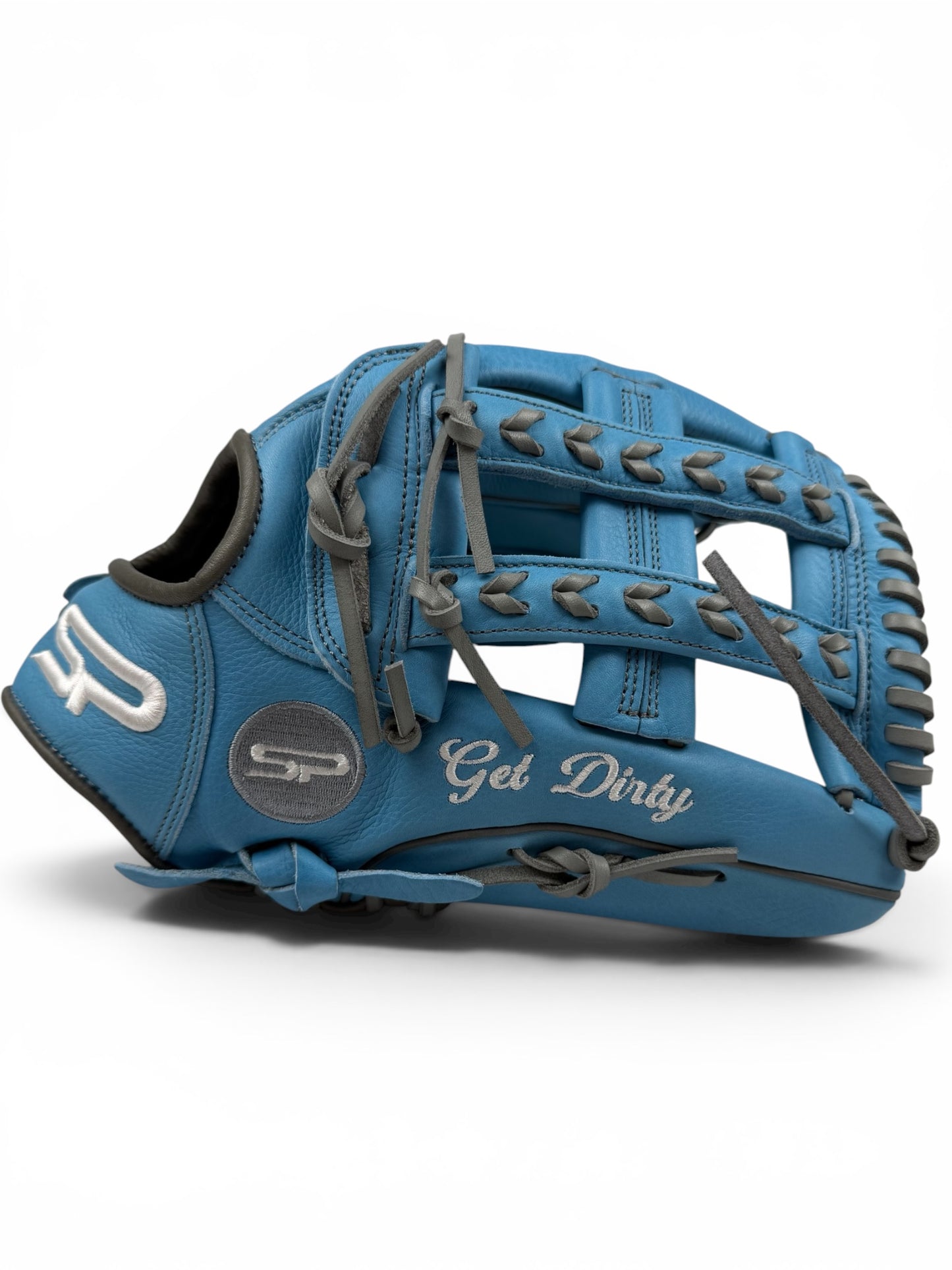 Baby Blue/Gray Cowhide Leather Laced H-Web Handcrafted Glove - 13.5"