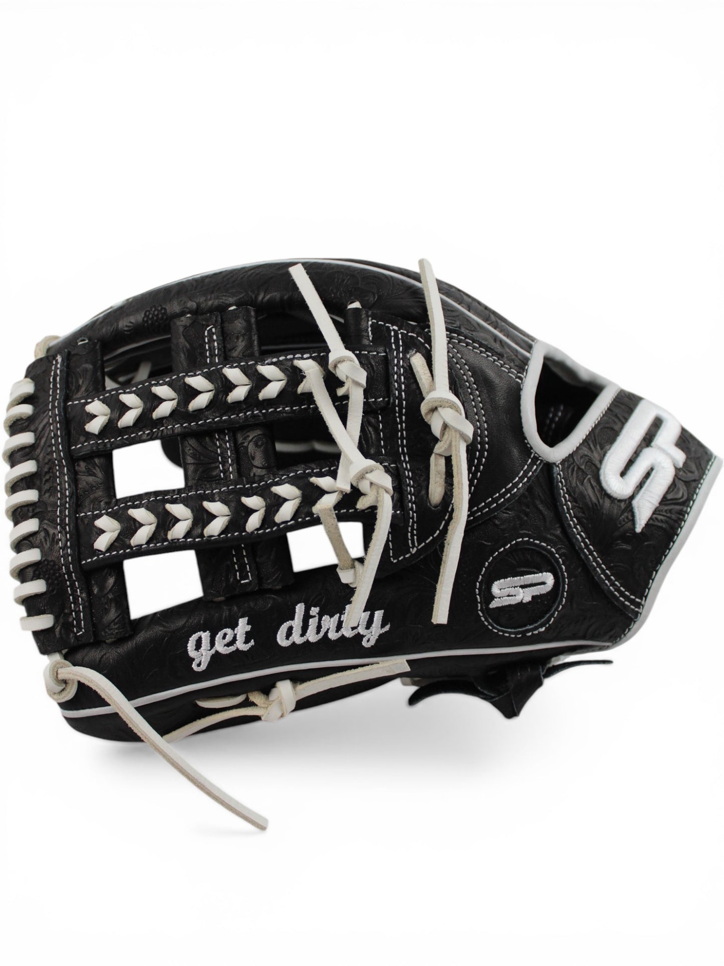 Black Flower Japanese Kip Leather Laced H-Web Handcrafted Glove - 13”