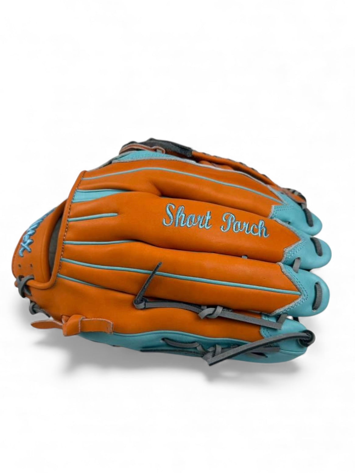 Orange/Sky Blue Japanese Kip Leather Laced H-Web Handcrafted Glove - 13.5”