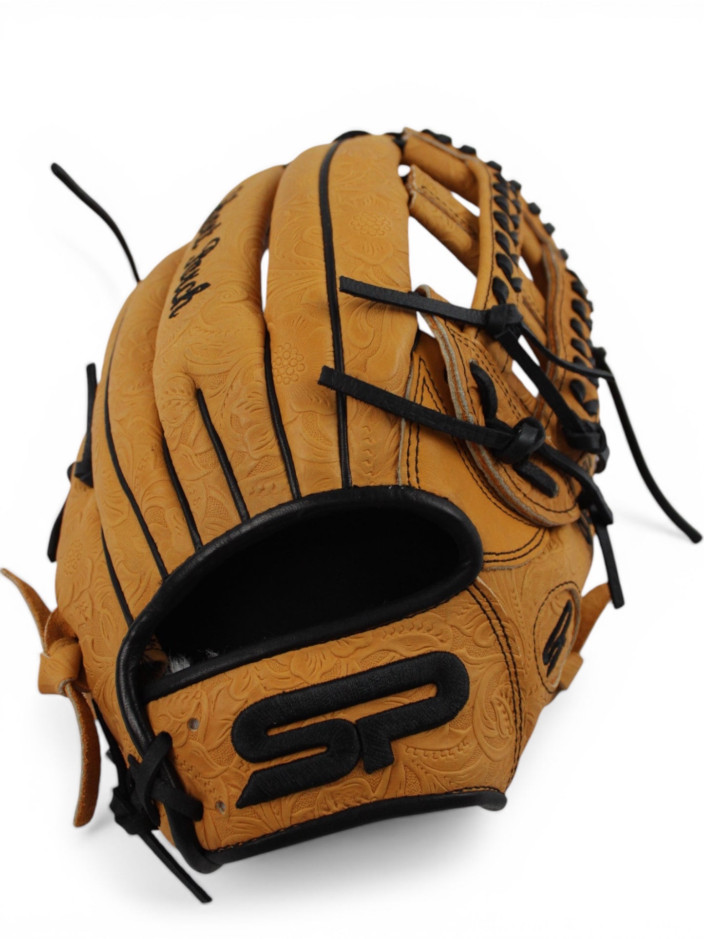 Tan Flower Japanese Kip Leather Laced H-Web Handcrafted Glove - 13"