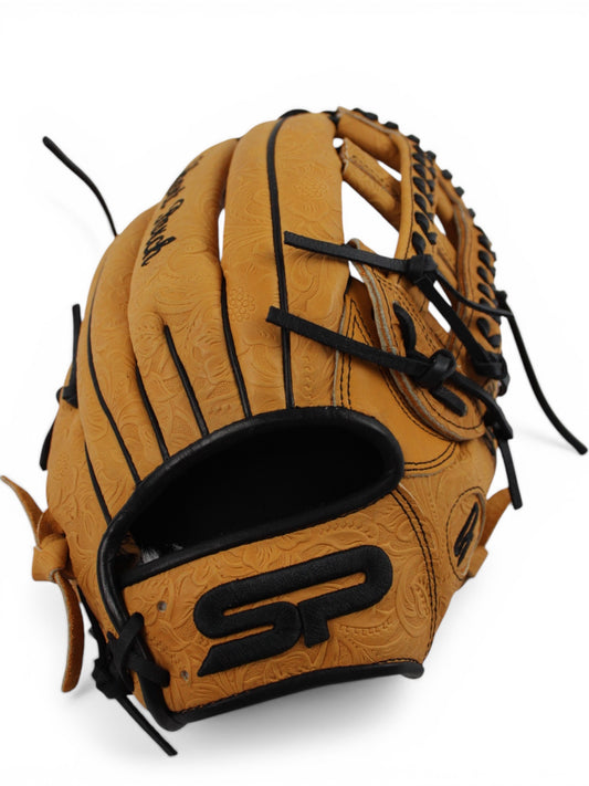 Tan Flower Japanese Kip Leather Laced H-Web Handcrafted Glove - 13"