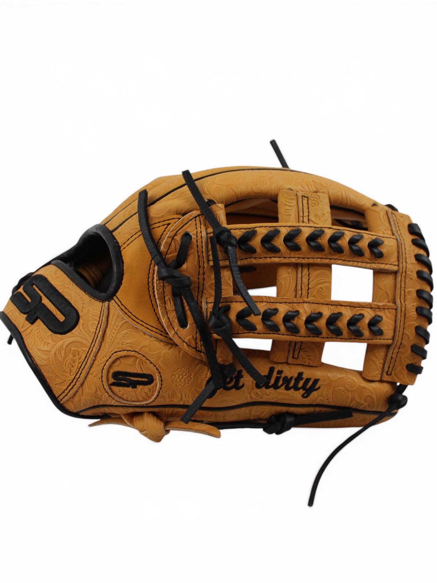 Tan Flower Japanese Kip Leather Laced H-Web Handcrafted Glove - 13"