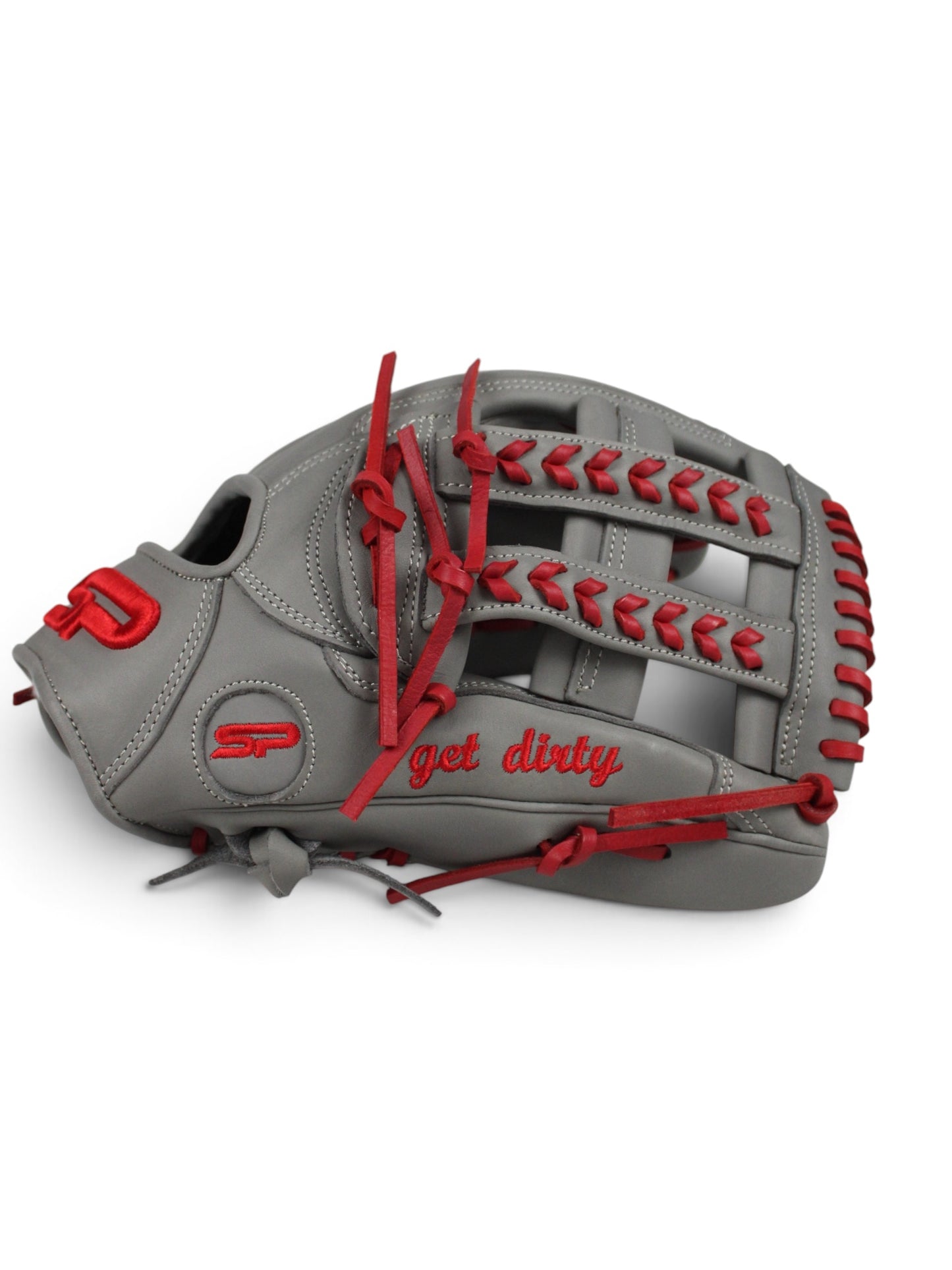 Gray/Red Japanese Kip Leather Laced H-Web Handcrafted Glove - 13”