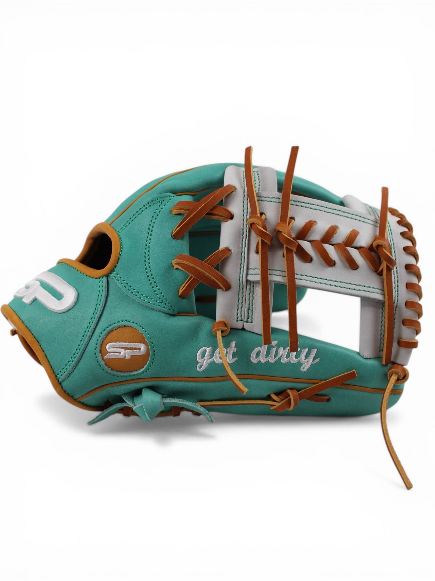 Mint/Tan Japanese Kip Leather Laced I - Web Handcrafted Glove - 13”